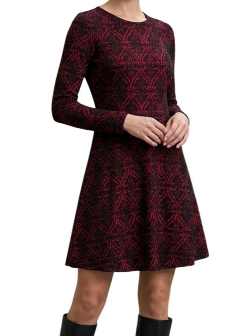 Kensie Red Black Patterned Lace Look Fit & Flare Long Sleeve Dress